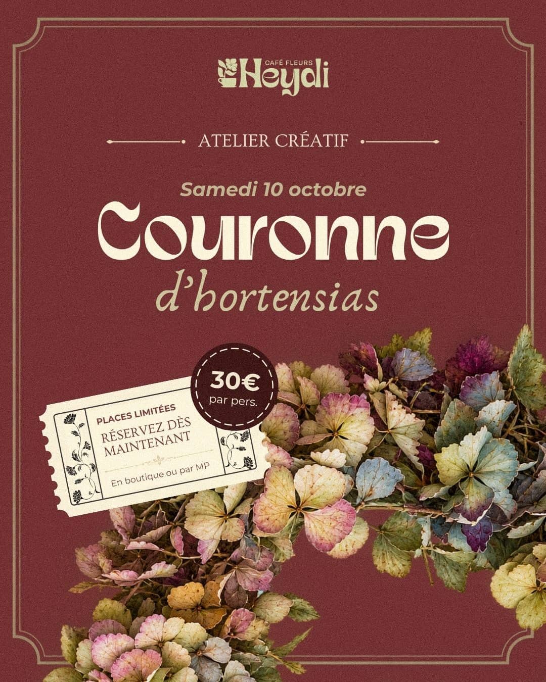 Illustration de l'événement : Atelier Couronne d'hortensias - Heydi Café Fleurs