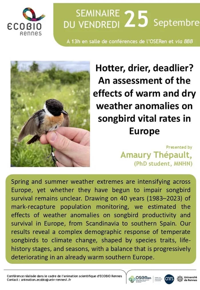 Illustration de l'événement : Hotter, drier, deadlier? An assessment of the effects of warm and dry weather anomalies on songbird vital rates in Europe