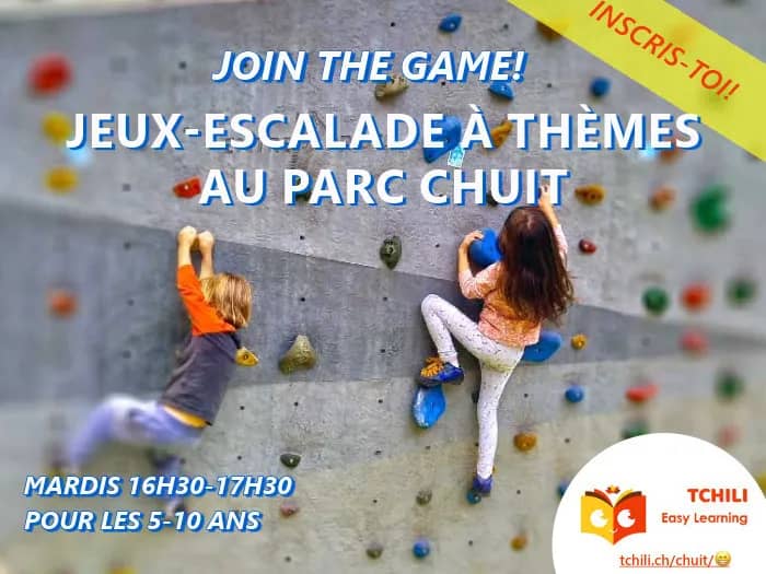 Illustration de l'événement : Cours Jeux-Escalade à Thèmes pour les 5-10 ans au parc Chuit - Sessions d'automne 16h30