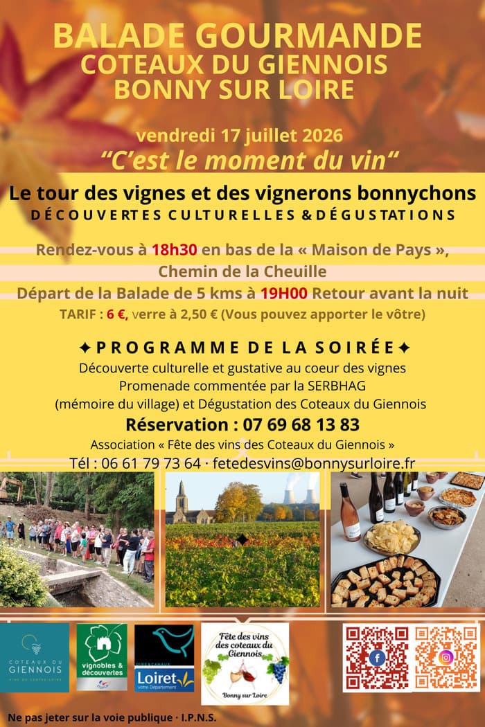 Illustration de l'événement : BALADE GOURMANDE COTEAUX DU GIENNOIS 17 JUILLET 2026 à BONNY SUR LOIRE