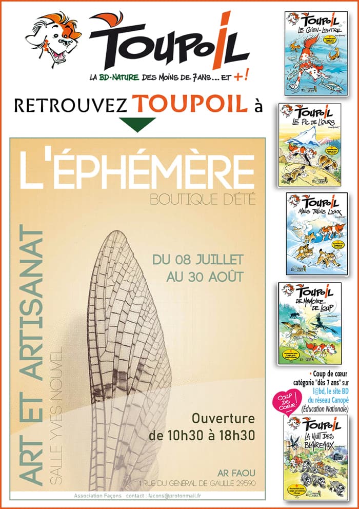 Illustration de l'événement : Retrouvez TOUPOIL, la BD-Nature des enfants, en expo-vente et en dédicace à la boutique L'ÉPHÉMÈRE au Faou, du 8 juillet au 30 août 2026.
