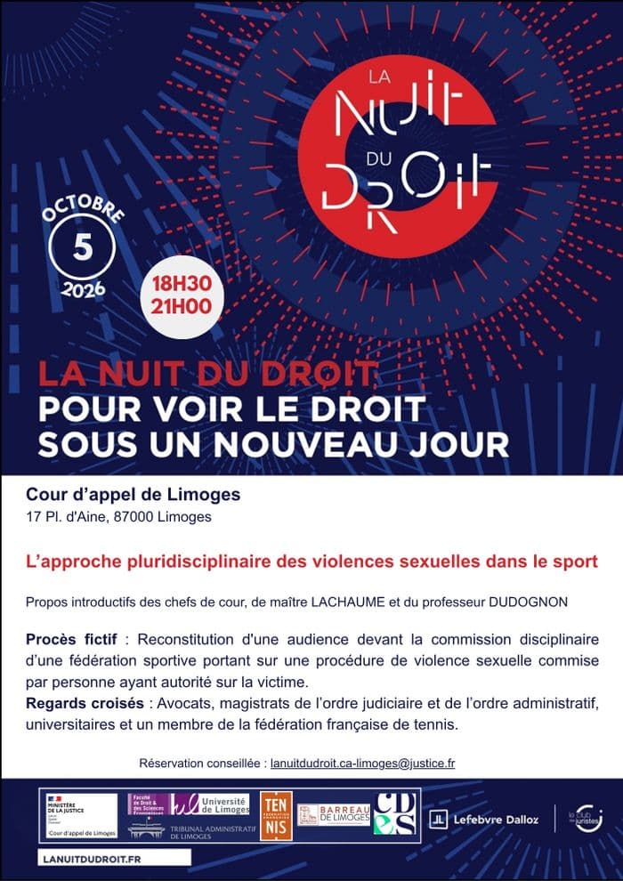Illustration de l'événement : La Nuit du Droit à la Cour d'appel de Limoges : « L’approche pluridisciplinaire des violences sexuelles dans le sport »
