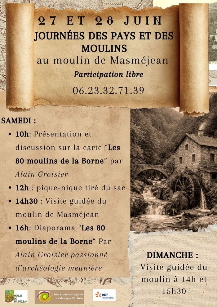 Illustration de l'événement : "Les 80 moulin de la Borne" au moulin de Masméjean Conférence - Visite Guidée - Diaporama les moulins de la Borne