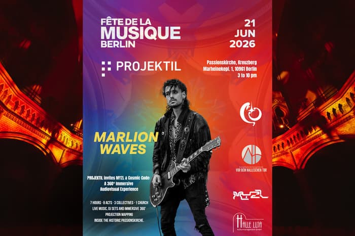 Illustration de l'événement : Marlion Waves Live l Electronic crossover e-guitar, techno and psytech PROJEKTIL invites MYZL & Cosmic Code A 360° Immersive Audiovisual Experience