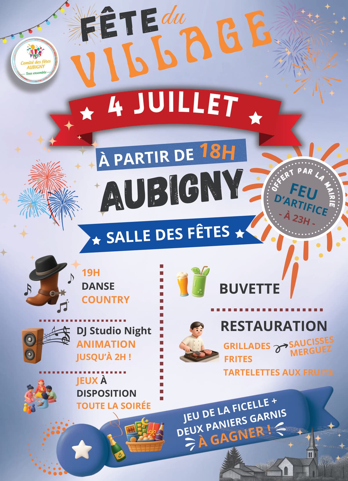 Illustration de l'événement : Aubigny : Fête du village ! feu d’artifice, musique, danse country