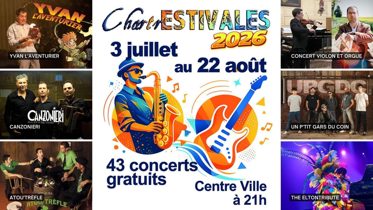 Illustration de l'événement : ChartrEstivales 2026 : Yvan l’aventurier ; Canzonieri ; Atou’trèfle ; Concert violon et orgue ; Un P’tit Gars du Coin ; The Eltontribute