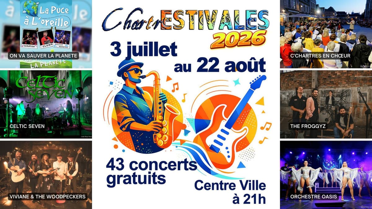 Illustration de l'événement : ChartrEstivales 2026 : On va sauver la planete ; Celtic Seven ; Viviane & The Woodpeckers ; C’chartres en chœur ; The Froggyz ; Orchestre Oasis