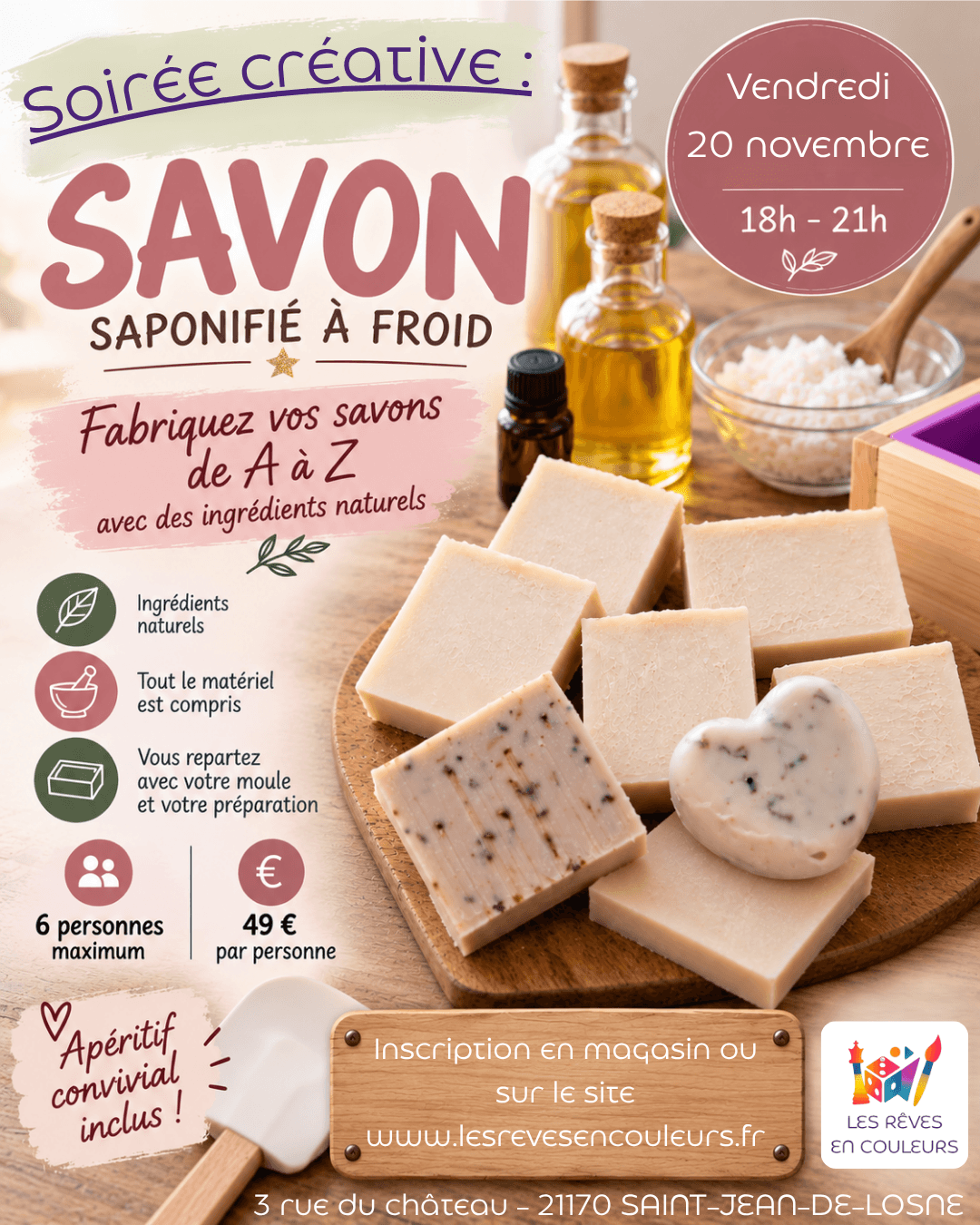 Illustration de l'événement : Soirée créative & apéritive (à partir de 16 ans) - Fabriquez vos savons en saponification à froid