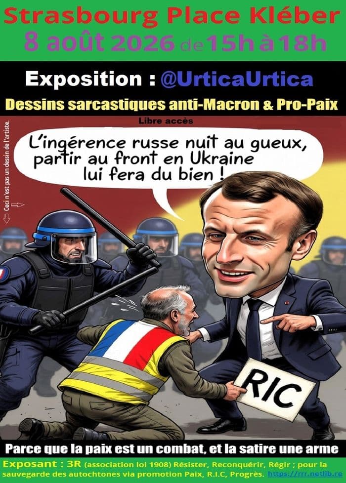 Illustration de l'événement : Expo @UrticaUrtica : "Dessine-moi des bellicistes ; Urtica dessina les électeurs de Macron"