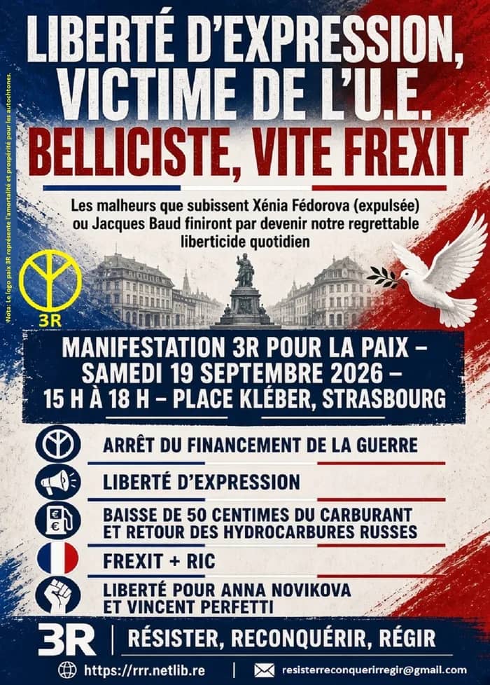 Illustration de l'événement : Manif pro paix : «Liberté d’expression, victime de l’U.E. belliciste, vite Frexit !»