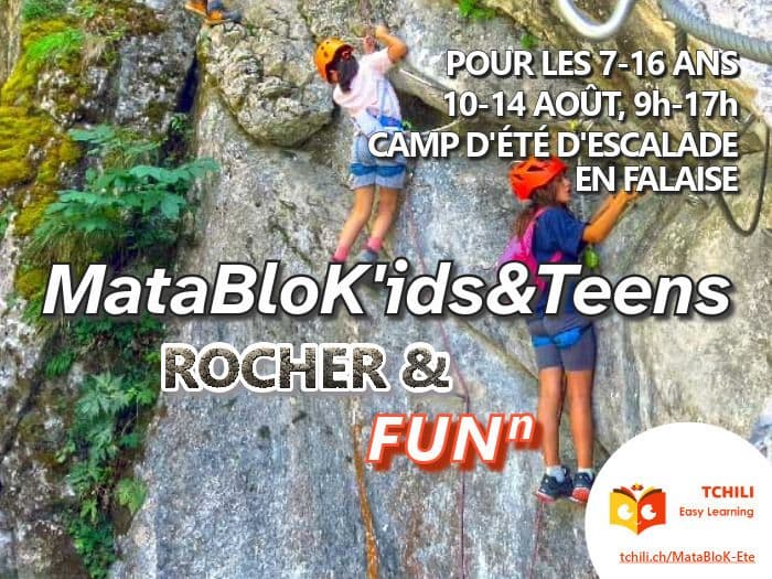Illustration de l'événement : Camp d'été d'escalade en montagne: MataBloK'ids&Teens pour préparer sa rentrée en falaise! pour les 7 à 11 et 12 à 16 ans. RDVs à Lancy et à Vernier